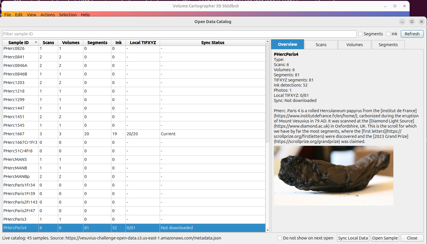 VC3D catalog of data in the S3 Open Data bucket
