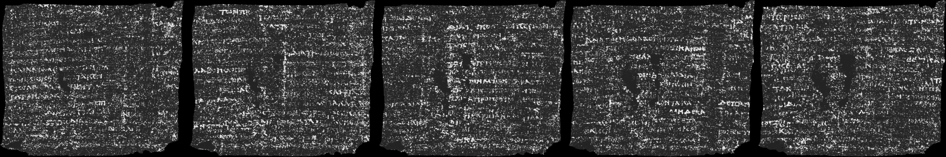 Scroll 5 — Ink detection across five consecutive windings (71–75) of the unrolled surface (7.9µm)