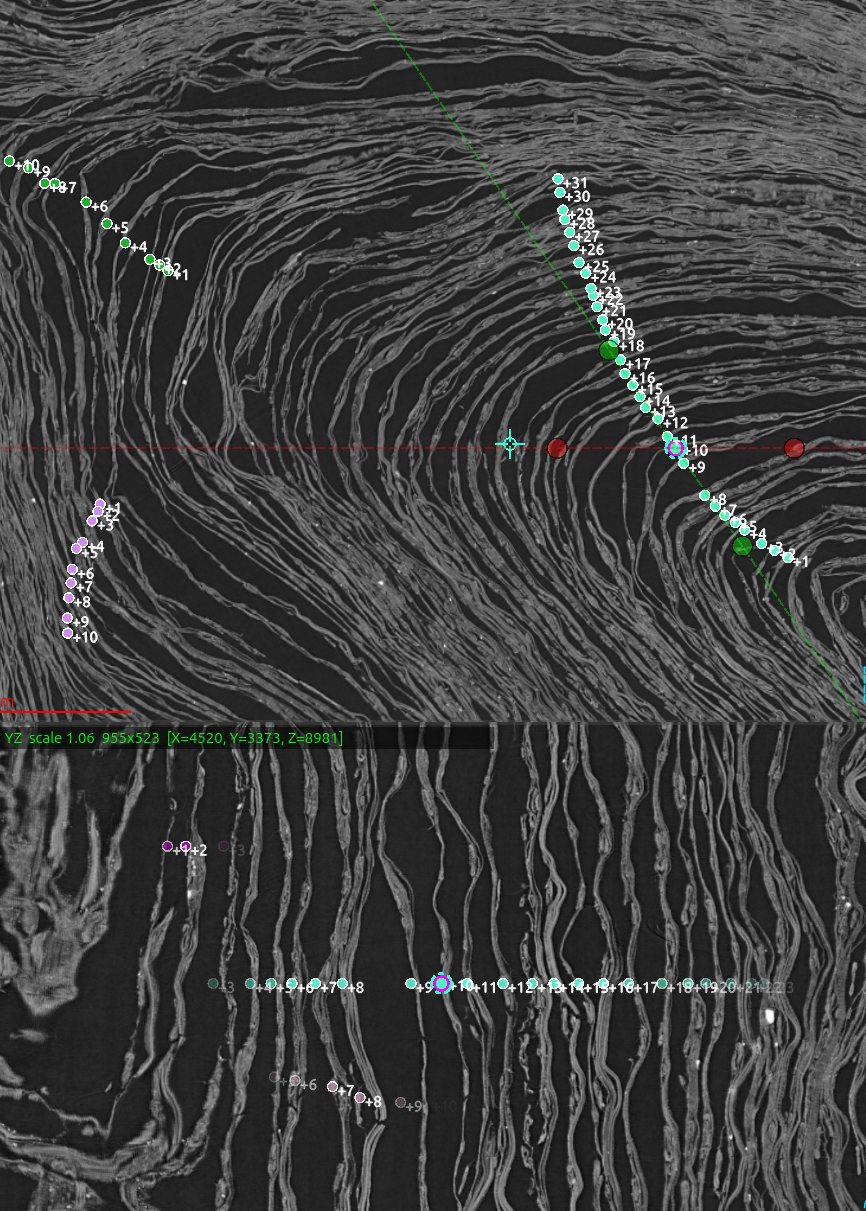 Several numbered relative-winding annotations crossing papyrus layers